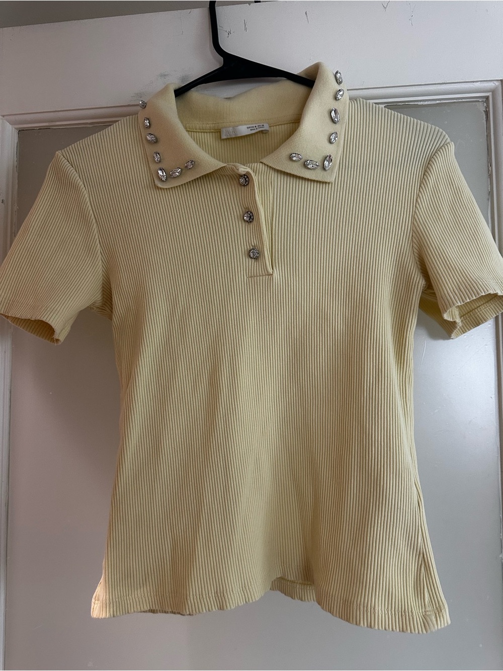 Zara Yellow Ribbed Polo Top with Jeweled Collar